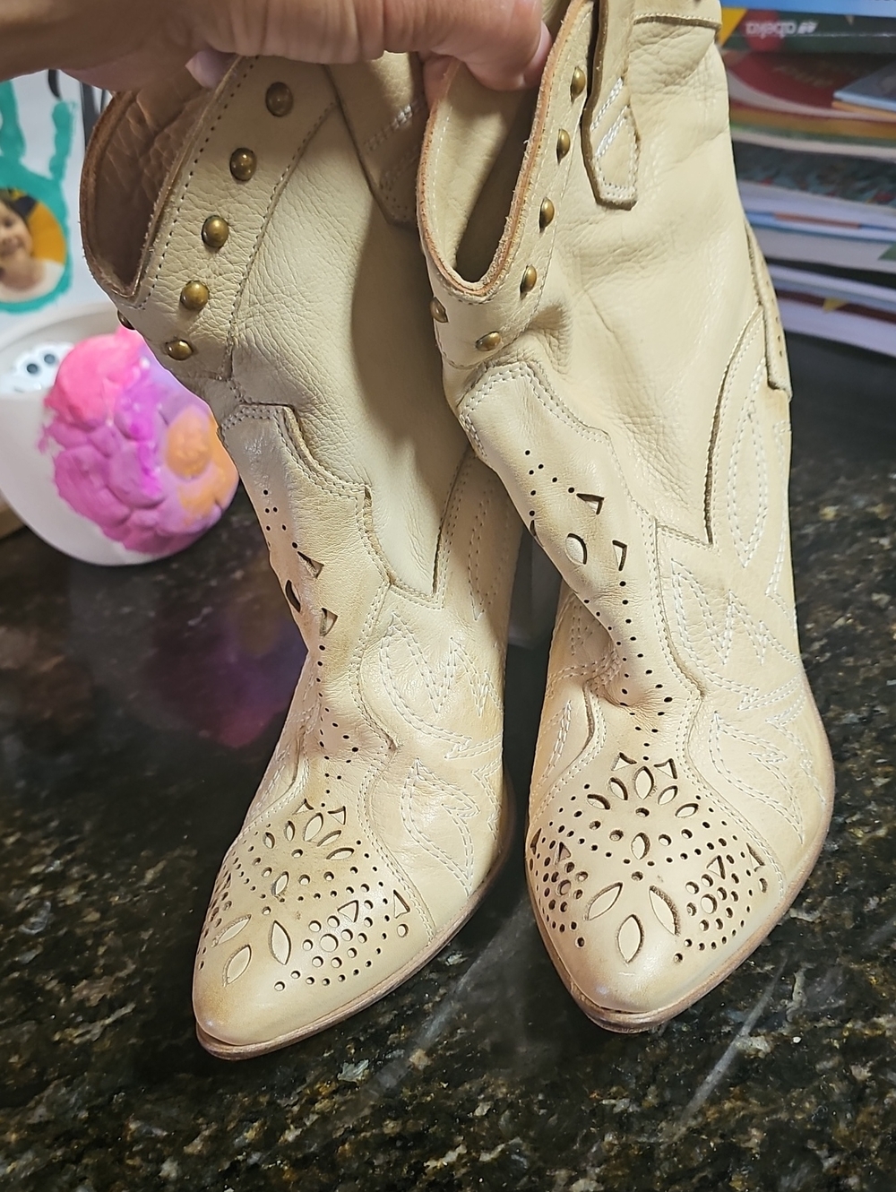 Carlos Santana Women's Beige Perforated Western Ankle Boots